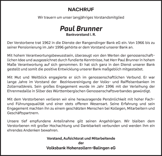 Traueranzeige von Paul Brunner von SÜDWEST PRESSE Zollernalbkreis/Hohenzollerische Zeitung