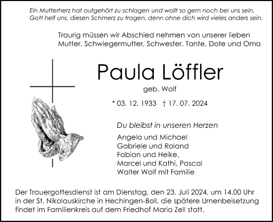 Traueranzeige von Paula Löffler von SÜDWEST PRESSE Zollernalbkreis/Hohenzollerische Zeitung