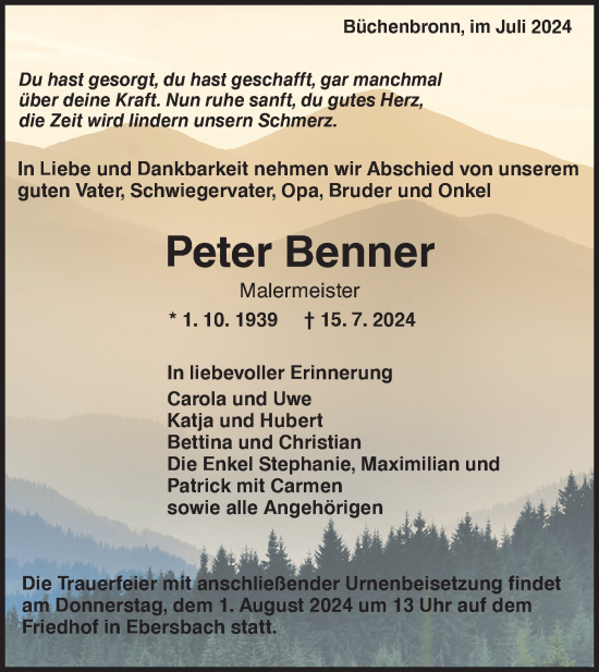 Traueranzeige von Peter Benner von NWZ Neue Württembergische Zeitung
