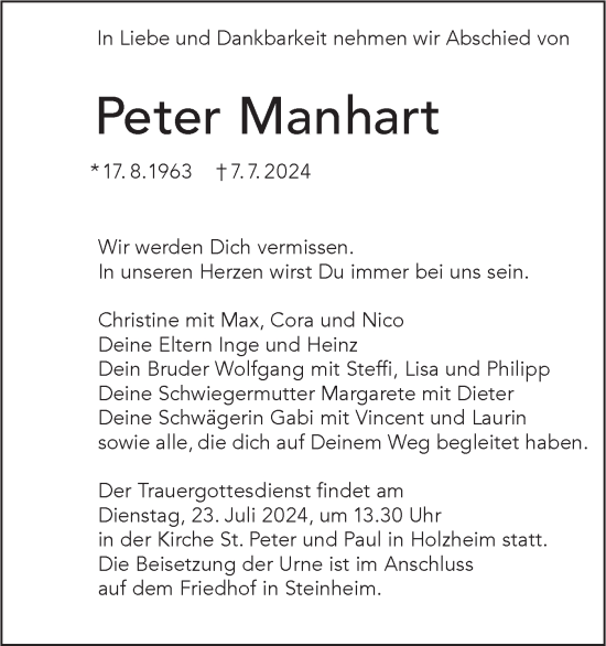Traueranzeige von Peter Manhart von SÜDWEST PRESSE Ausgabe Ulm/Neu-Ulm