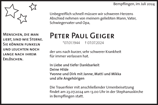 Traueranzeige von Peter Paul Geiger von Alb-Bote/Metzinger-Uracher Volksblatt