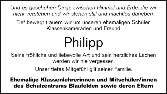Traueranzeige von Philipp  von Hohenloher Tagblatt