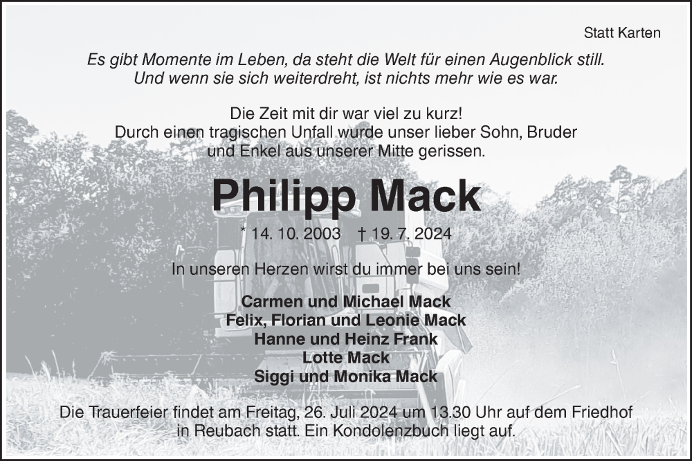  Traueranzeige für Philipp Mack vom 24.07.2024 aus Hohenloher Tagblatt