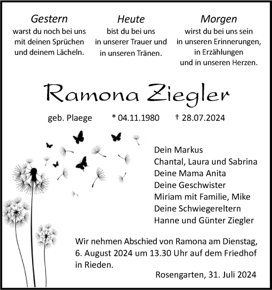 Traueranzeige von Ramona Ziegler von Haller Tagblatt