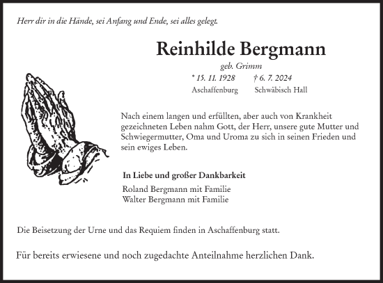 Traueranzeige von Reinhilde Bergmann von Haller Tagblatt