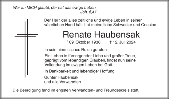 Traueranzeige von Renate Haubensak von SÜDWEST PRESSE Ausgabe Ulm/Neu-Ulm