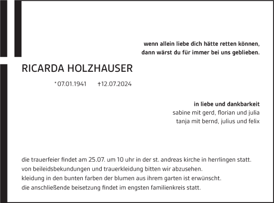 Traueranzeige von Ricarda Holzhauser von SÜDWEST PRESSE Ausgabe Ulm/Neu-Ulm
