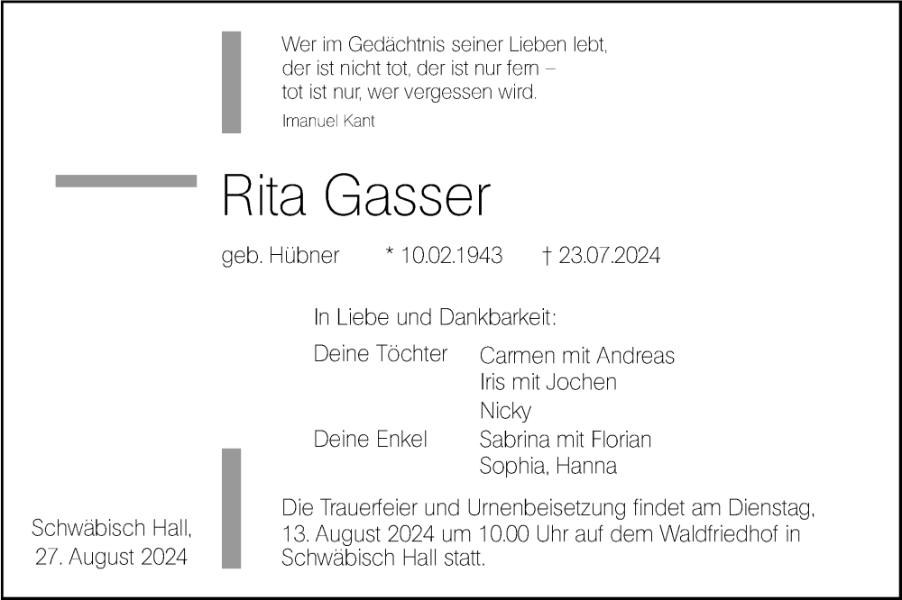  Traueranzeige für Rita Gasser vom 27.07.2024 aus Haller Tagblatt