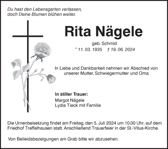 Traueranzeige von Rita Nägele von NWZ Neue Württembergische Zeitung/Geislinger Zeitung