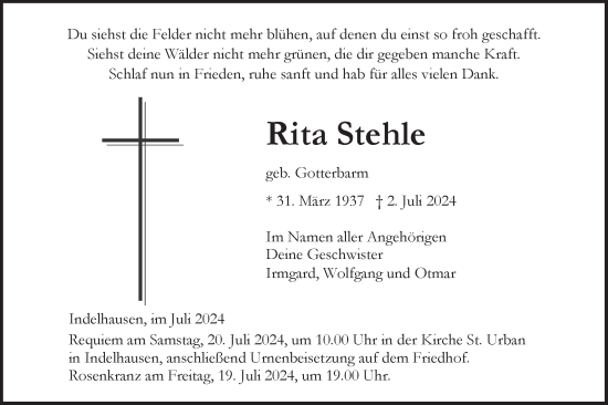 Traueranzeige von Rita Stehle von SÜDWEST PRESSE Ausgabe Ulm/Neu-Ulm/Alb-Bote/Metzinger-Uracher Volksblatt