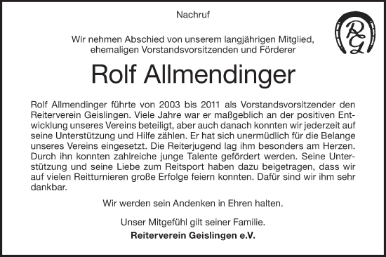 Traueranzeige von Rolf Allmendinger von Geislinger Zeitung