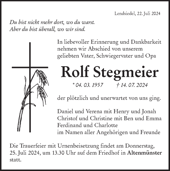 Traueranzeige von Rolf Stegmeier von Hohenloher Tagblatt