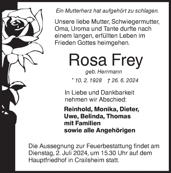 Traueranzeige von Rosa Frey von Hohenloher Tagblatt