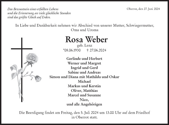 Traueranzeige von Rosa Weber von Haller Tagblatt/Rundschau Gaildorf