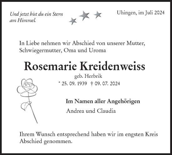 Traueranzeige von Rosemarie Kreidenweiss von NWZ Neue Württembergische Zeitung
