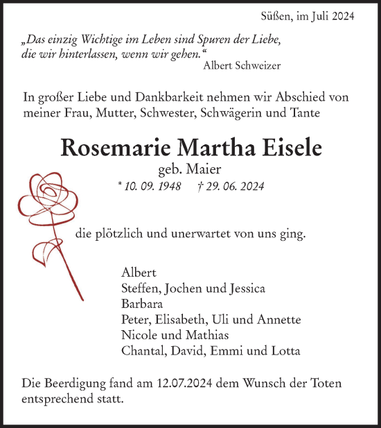 Traueranzeige von Rosemarie Martha Eisele von NWZ Neue Württembergische Zeitung