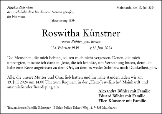 Traueranzeige von Roswitha Künstner von Haller Tagblatt