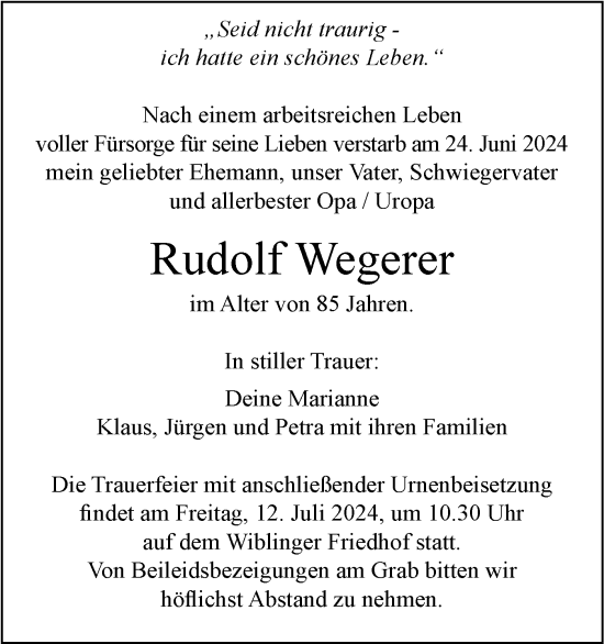 Traueranzeige von Rudolf Wegerer von SÜDWEST PRESSE Ausgabe Ulm/Neu-Ulm