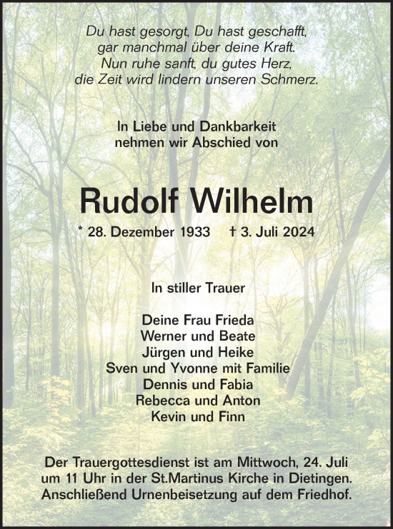 Traueranzeige von Rudolf Wilhelm von SÜDWEST PRESSE Ausgabe Ulm/Neu-Ulm