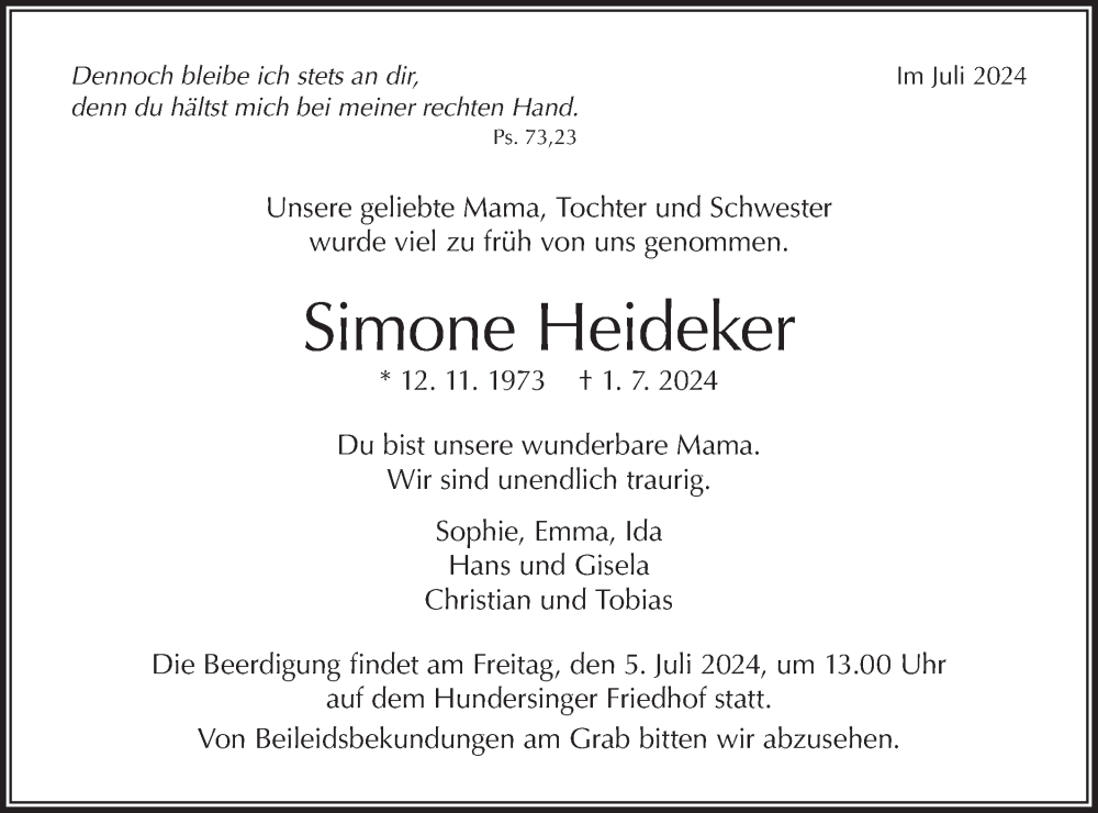  Traueranzeige für Simone Heideker vom 04.07.2024 aus Alb-Bote/Metzinger-Uracher Volksblatt