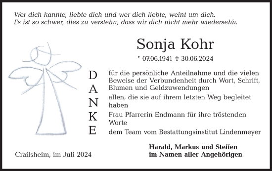 Traueranzeige von Sonja Kohr von Hohenloher Tagblatt