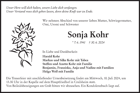 Traueranzeige von Sonja Kohr von Hohenloher Tagblatt