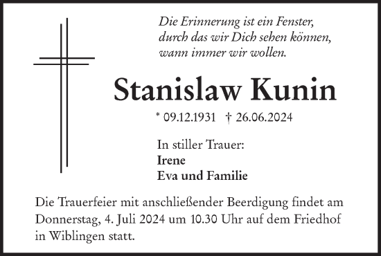 Traueranzeige von Stanislaw Kunin von SÜDWEST PRESSE Ausgabe Ulm/Neu-Ulm