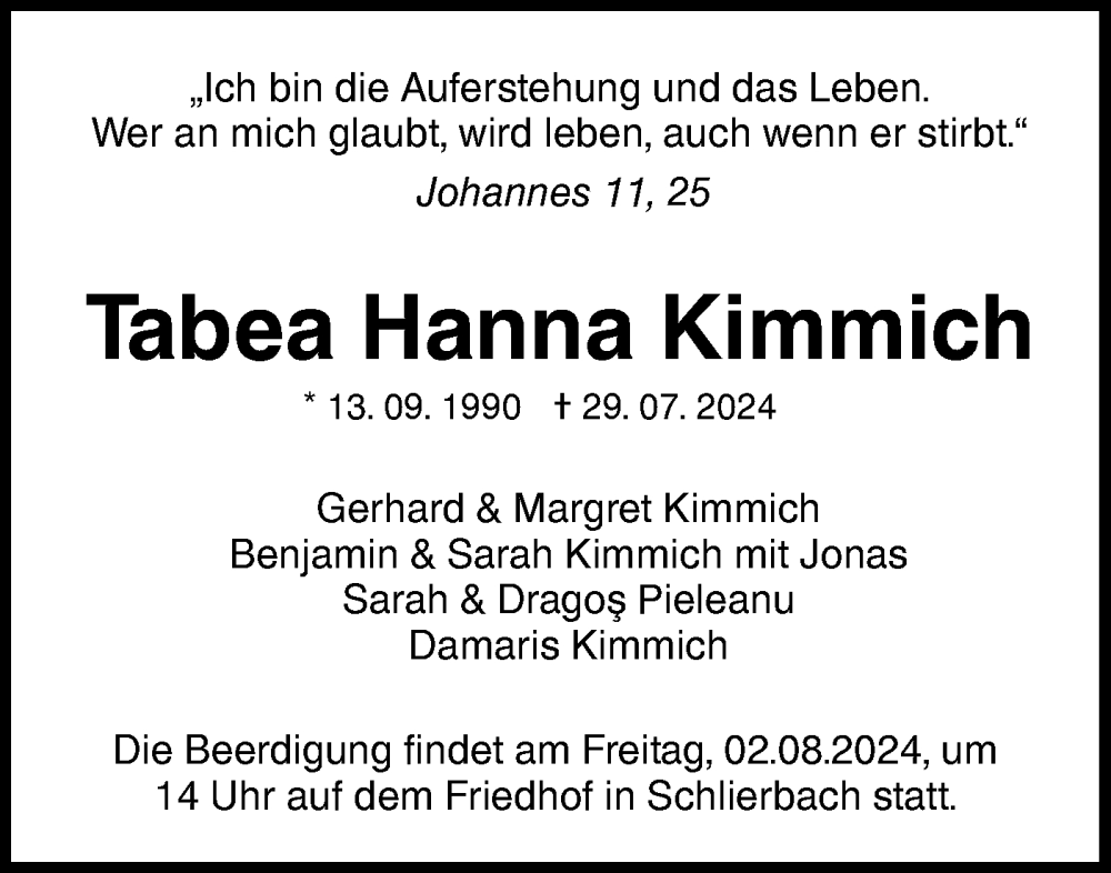  Traueranzeige für Tabea Hanna Kimmich vom 31.07.2024 aus NWZ Neue Württembergische Zeitung