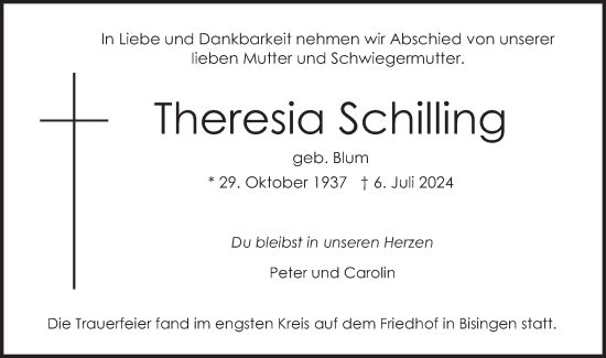 Traueranzeige von Theresia Schilling von SÜDWEST PRESSE Zollernalbkreis/Hohenzollerische Zeitung