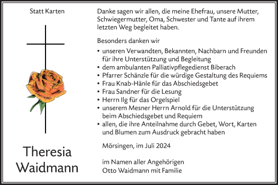 Traueranzeige von Theresia Waidmann von Alb-Bote/Metzinger-Uracher Volksblatt