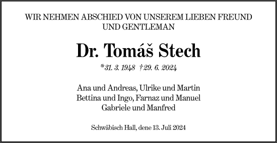 Traueranzeige von Tomas Stech von Haller Tagblatt