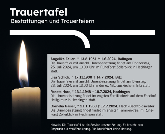 Traueranzeige von Totentafel vom 20.07.2024 von SÜDWEST PRESSE Zollernalbkreis/Hohenzollerische Zeitung