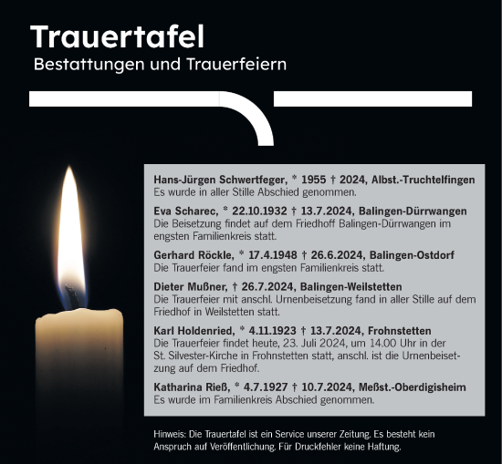 Traueranzeige von Totentafel vom 23.07.2024 von SÜDWEST PRESSE Zollernalbkreis/Hohenzollerische Zeitung