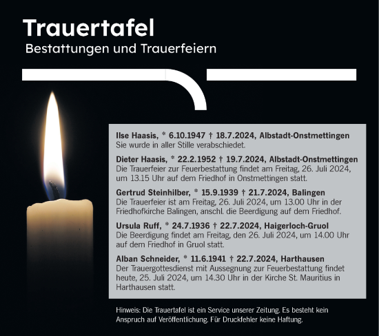 Traueranzeige von Totentafel vom 25.07.2024 von SÜDWEST PRESSE Zollernalbkreis/Hohenzollerische Zeitung