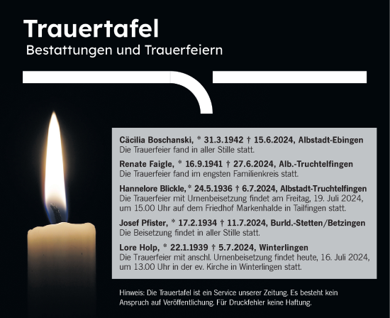 Traueranzeige von Trauertafel vom 16.07.2024 von SÜDWEST PRESSE Zollernalbkreis/Hohenzollerische Zeitung