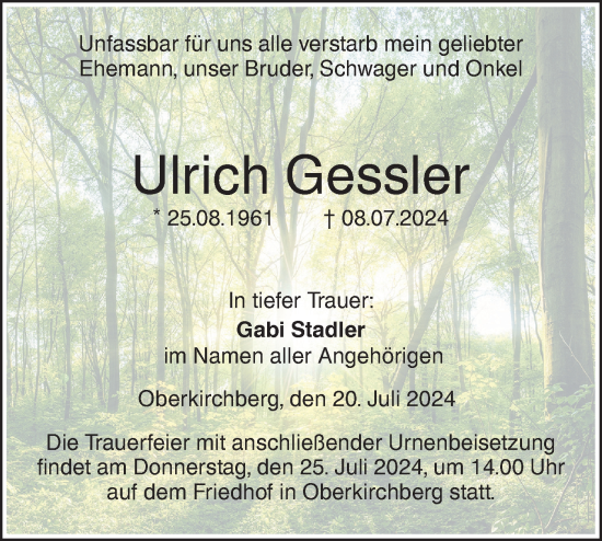 Traueranzeige von Ulrich Gessler von SÜDWEST PRESSE Ausgabe Ulm/Neu-Ulm