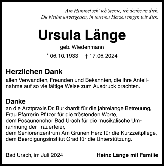 Traueranzeige von Ursula Länge von Alb-Bote/Metzinger-Uracher Volksblatt