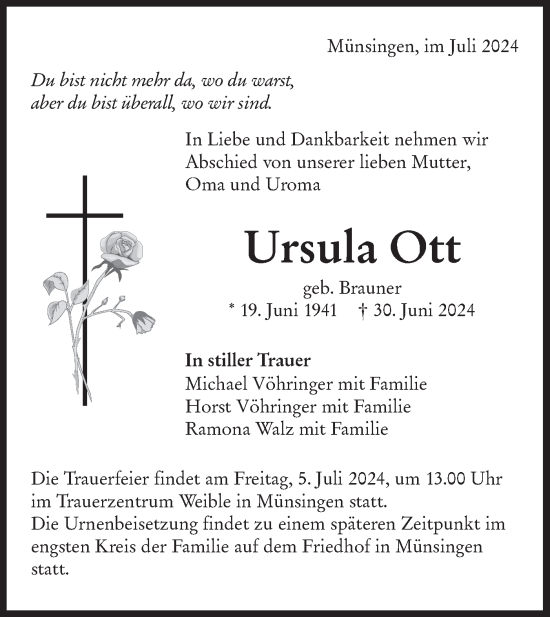 Traueranzeige von Ursula Ott von Alb-Bote/Metzinger-Uracher Volksblatt