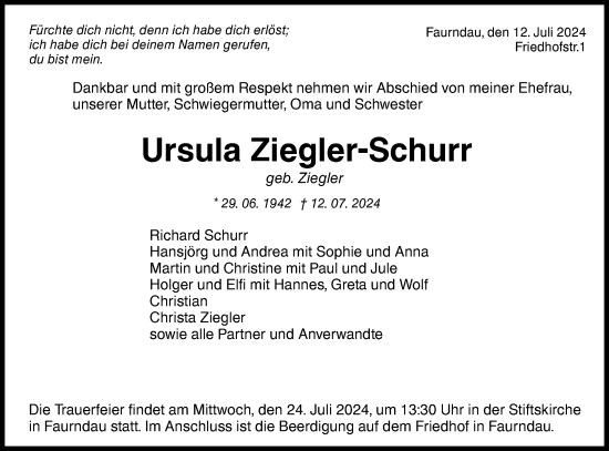 Traueranzeige von Ursula Ziegler-Schurr von NWZ Neue Württembergische Zeitung