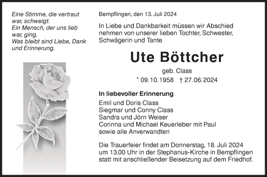 Traueranzeige von Ute Böttcher von Alb-Bote/Metzinger-Uracher Volksblatt