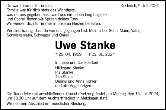 Traueranzeige von Uwe Stanke von Alb-Bote/Metzinger-Uracher Volksblatt