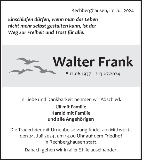 Traueranzeige von Walter Frank von NWZ Neue Württembergische Zeitung