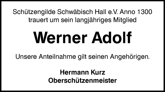 Traueranzeige von Werner Adolf von Haller Tagblatt