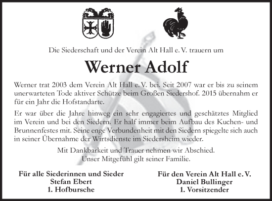 Traueranzeige von Werner Adolf von Haller Tagblatt