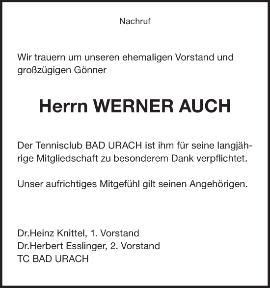 Traueranzeige von Werner Auch von Alb-Bote/Metzinger-Uracher Volksblatt
