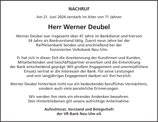 Traueranzeige von Werner Deubel von SÜDWEST PRESSE Ausgabe Ulm/Neu-Ulm