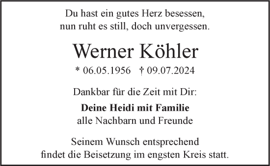 Traueranzeige von Werner Köhler von SÜDWEST PRESSE Ausgabe Ulm/Neu-Ulm