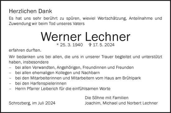 Traueranzeige von Werner Lechner von Hohenloher Tagblatt