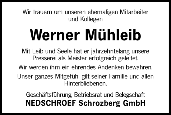 Traueranzeige von Werner Mühleib von Hohenloher Tagblatt