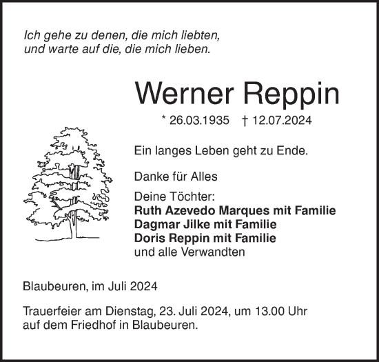 Traueranzeige von Werner Reppin von SÜDWEST PRESSE Ausgabe Ulm/Neu-Ulm